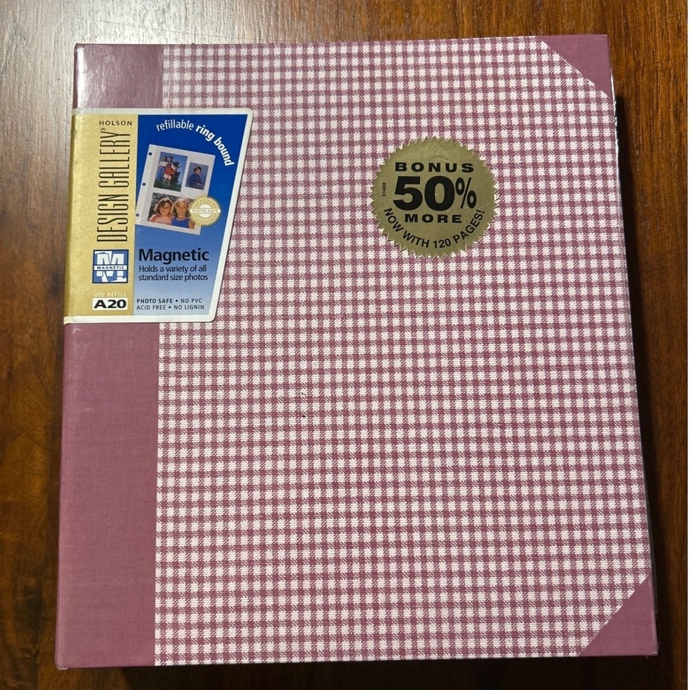 Holson Design Gallery Magnetic Photo Album Pink Gingham 120 Pages Refillable VTG